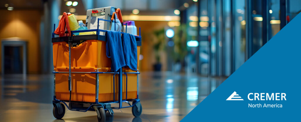 orange cleaning cart with cleaning products in an office hallway.