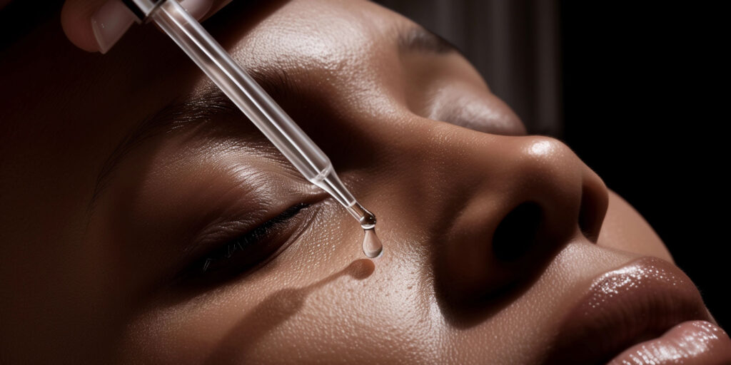 Close-up of facial serum being applied with a dropper to hydrated skin, highlighting cosmetic formulation and skincare ingredient performance.