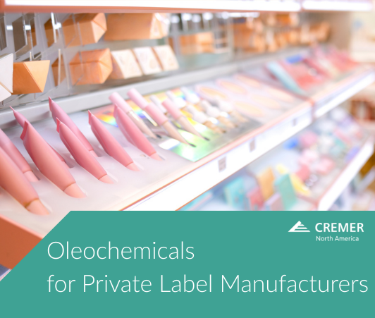 Cosmetic products on a retail shelf representing oleochemicals for private label manufacturers.