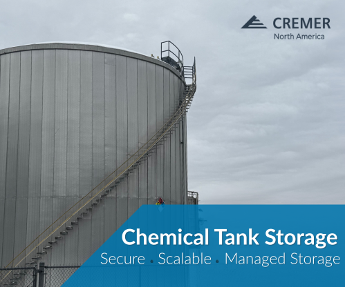 Large industrial chemical storage tank for bulk liquid storage and scalable tank leasing services at CREMER North America