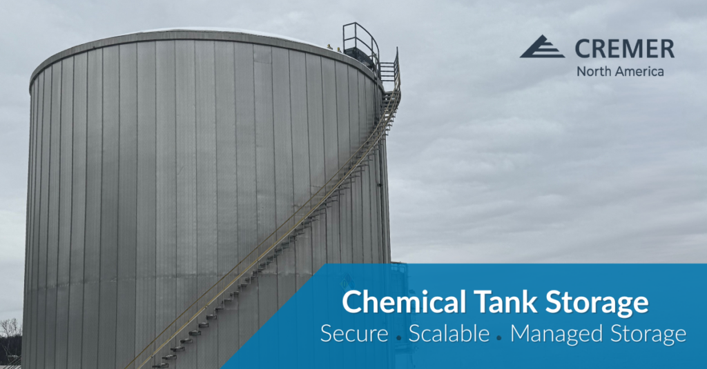 Large industrial chemical storage tank for bulk liquid storage and scalable tank leasing services at CREMER North America
