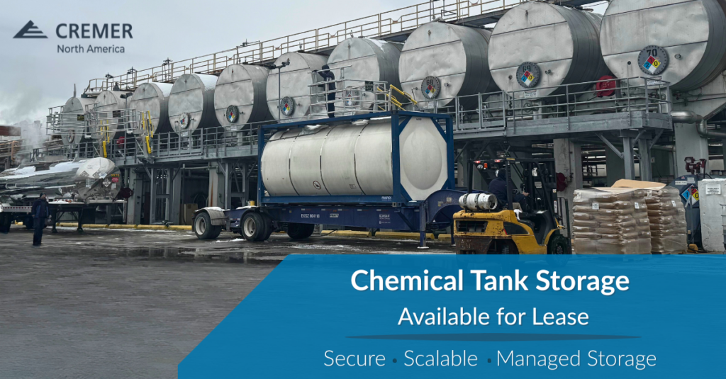 Bulk chemical storage and tank leasing services at CREMER North America facility with tanker truck loading and industrial storage tanks