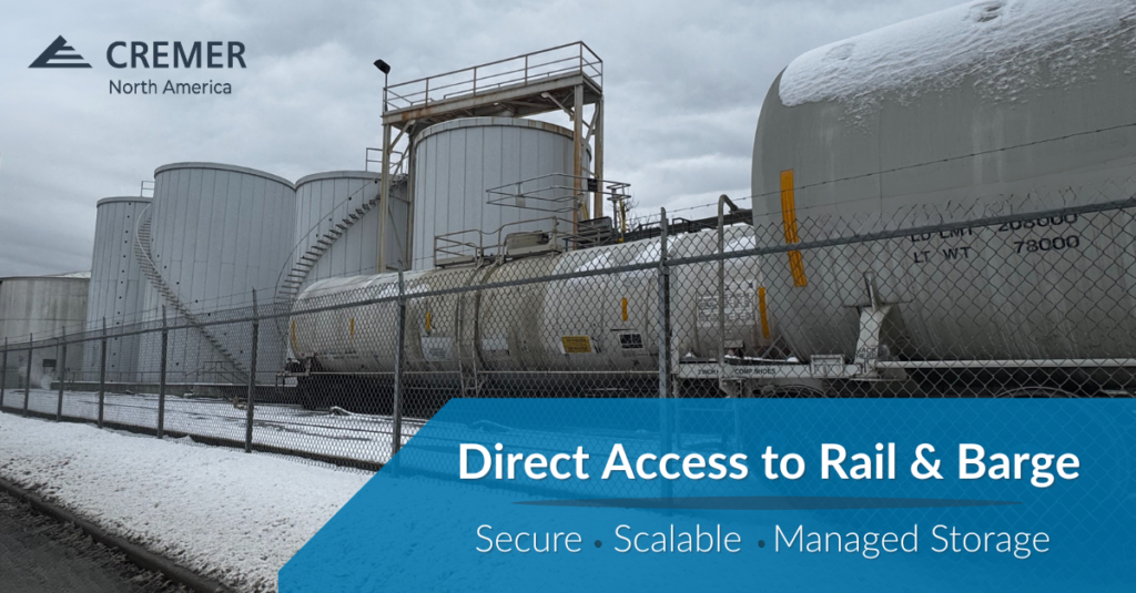 Chemical storage tanks with direct rail access for bulk chemical transportation and logistics at CREMER North America Cincinnati facility