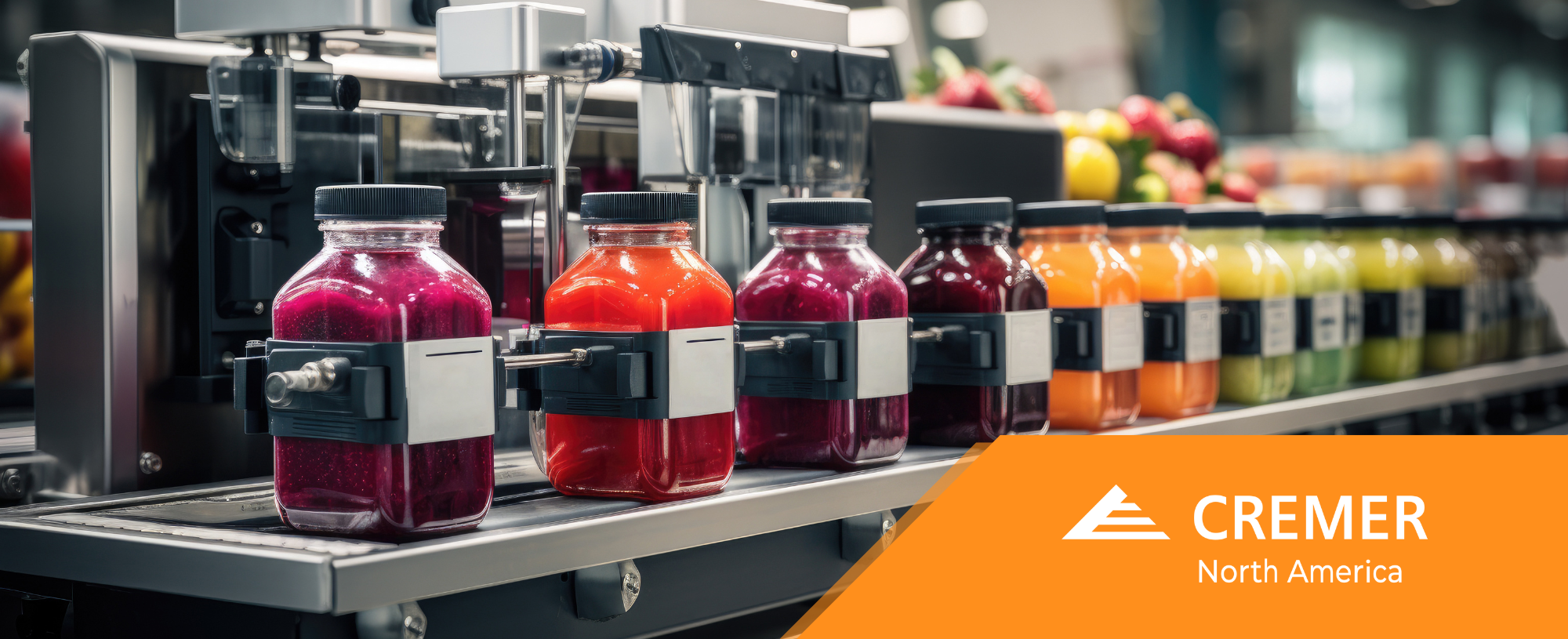 Commercial beverage production line filling bottled drinks in a food manufacturing facility with the CREMER North America logo.