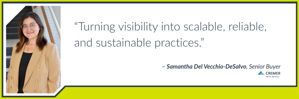 Quote graphic featuring Samantha Del Vecchio-DeSalvo, Senior Buyer at CREMER North America: “Turning visibility into scalable, reliable, and sustainable practices.”
